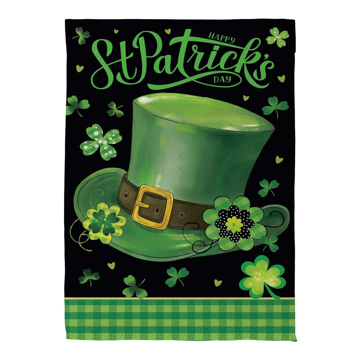 St. Patrick's Day Garden Flag Features a Green hat with a buckle and the words "happy St. Patrick's Day"