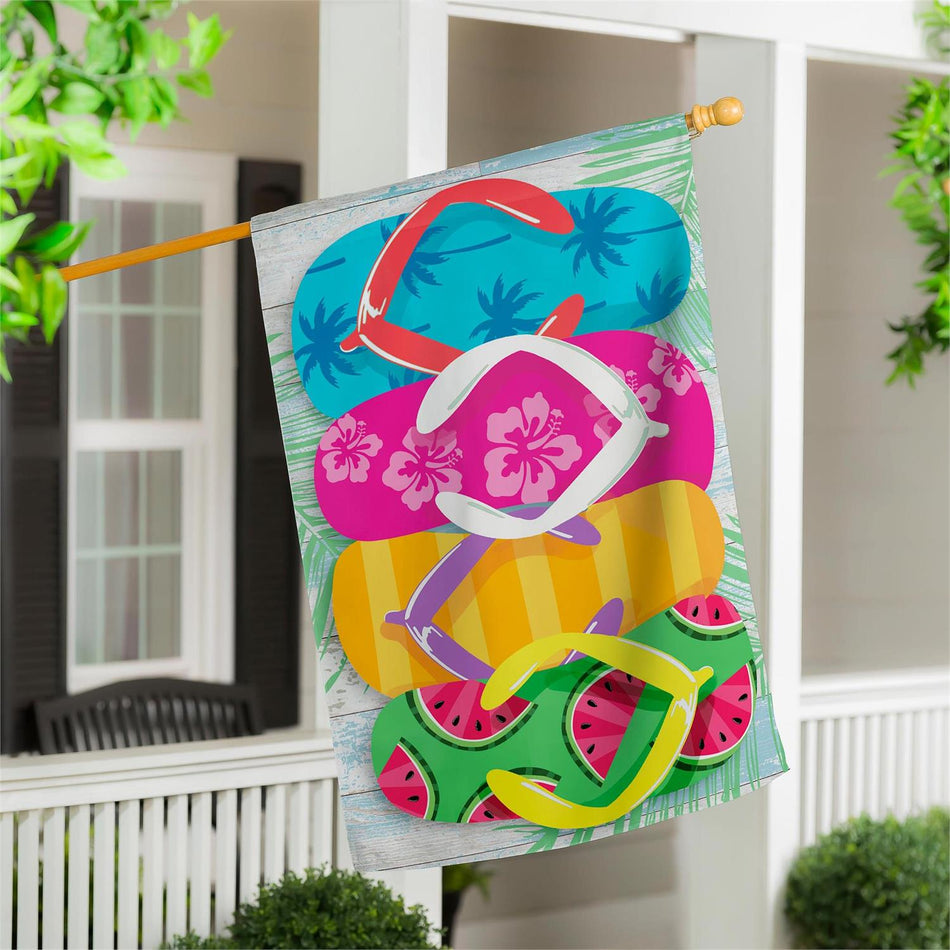 Stacked Flip Flop Burlap House Banner displayed outdoors with pole sleeve