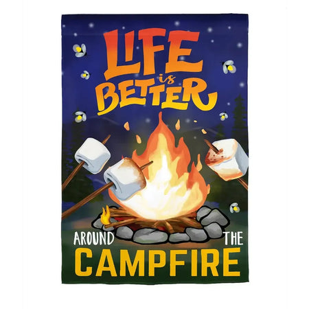 Life is Better Around The Campfire Garden Flag Features marshmallows getting roasted around a campfire with the words "life is better around the campfire"