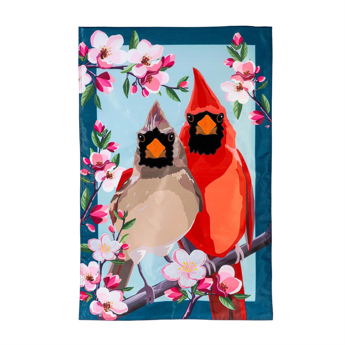 Summer Cardinal Couple Garden Flag Features a Cardinal Couple With Cherry Blossoms  