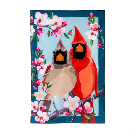 Summer Cardinal Couple Garden Flag Features a Cardinal Couple With Cherry Blossoms  