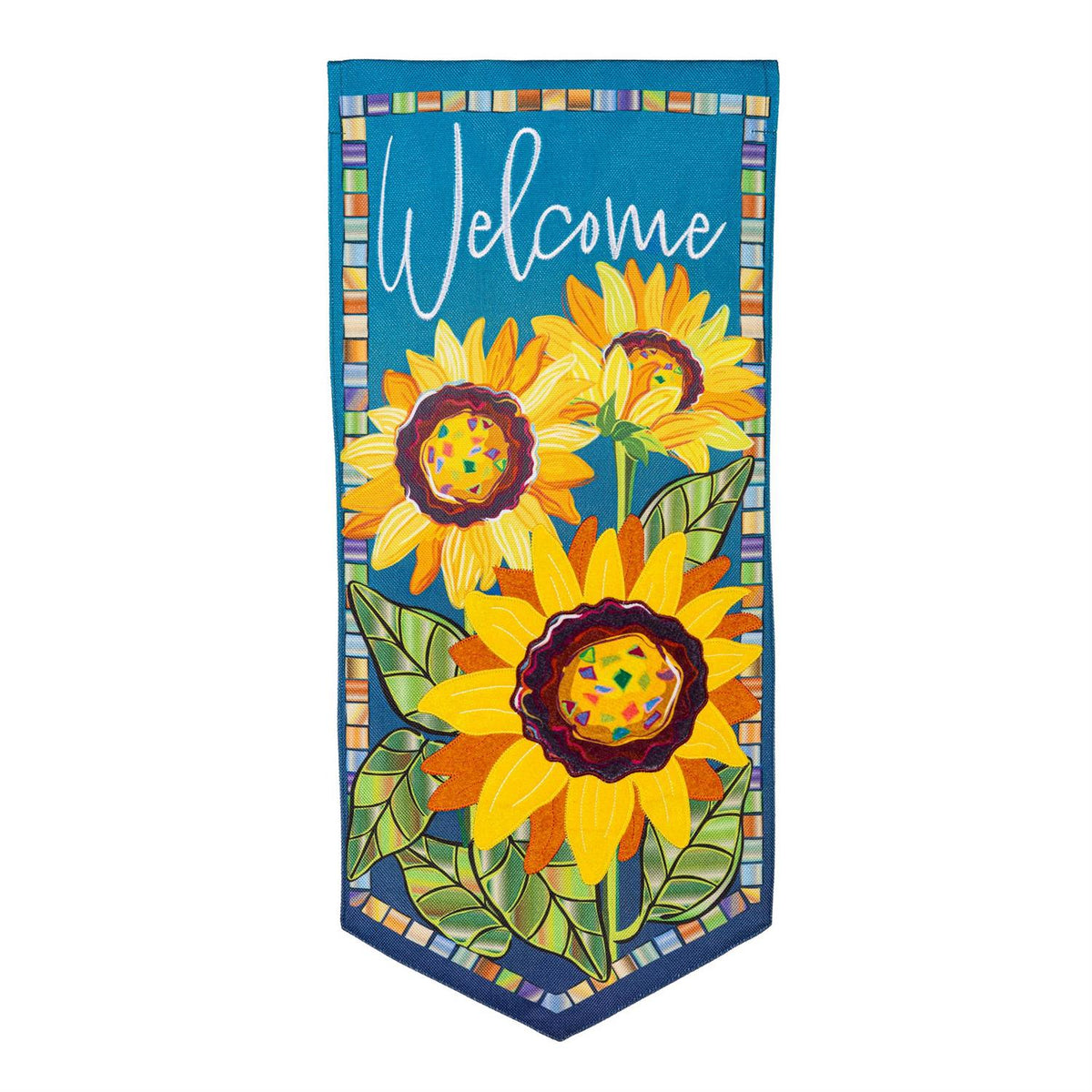 Sunflower Garden Welcome Textile Everlasting Impressions Features 3 sunflowers appliqued with the word "welcome"