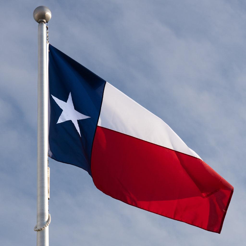 Long-lasting outdoor nylon State of Texas Flags are available in 2x3, 3x5, 4x6, 5x8, 6x10, 8x12, 10x15, 10x19, 12x18, 15x25, 20x30, 20x38, 30x50, and 30x60 sizes