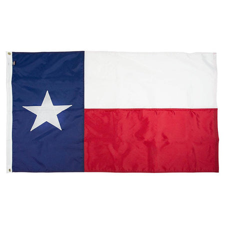 Long-lasting outdoor nylon State of Texas Flags are available in 2x3, 3x5, 4x6, 5x8, 6x10, 8x12, 10x15, 10x19, 12x18, 15x25, 20x30, 20x38, 30x50, and 30x60 sizes