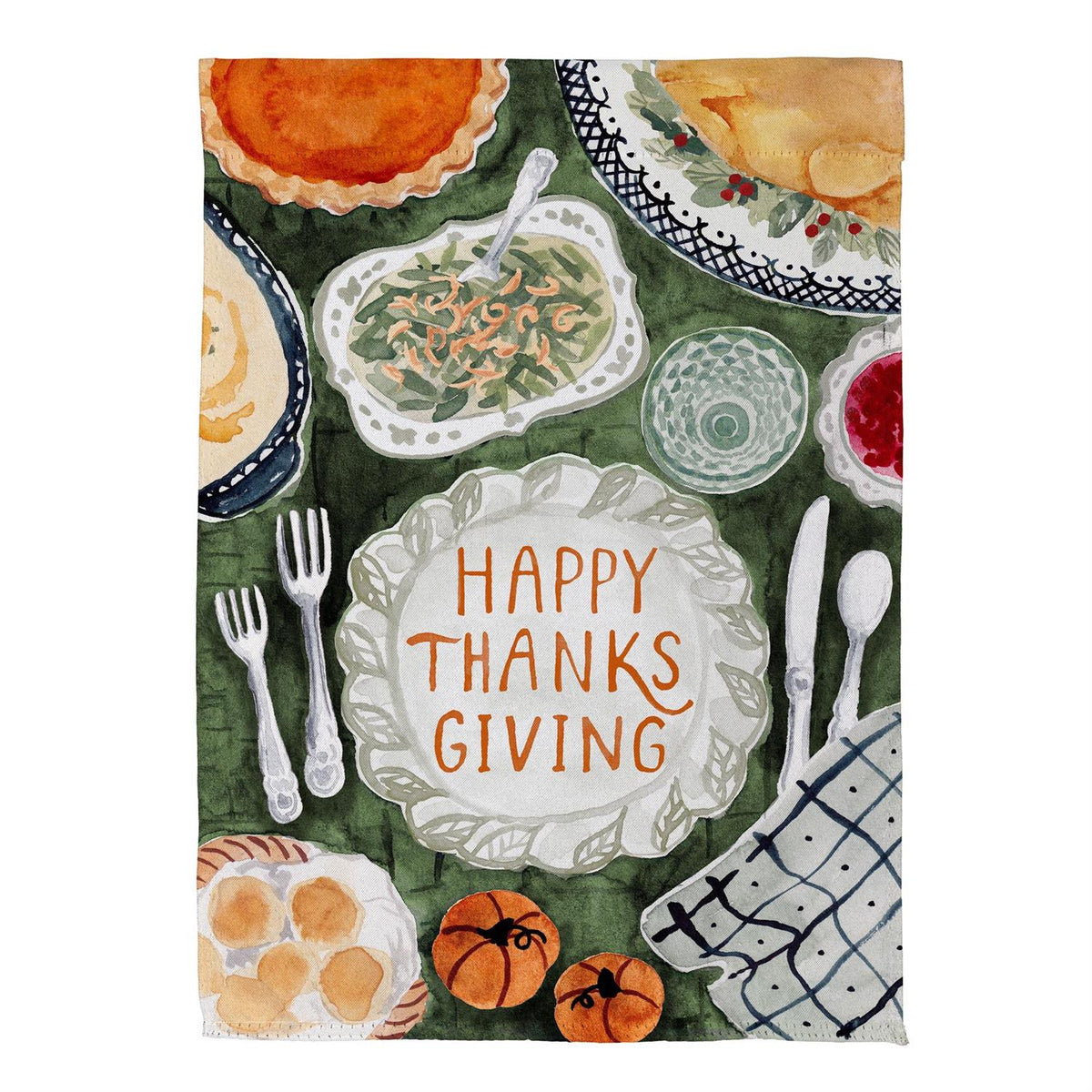 Thanksgiving Spread Garden Flag Features a Watercolor Thanksgiving Spread with the Words "Happy Thanksgiving"  
