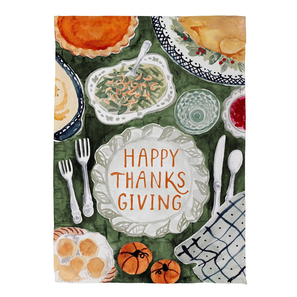 Thanksgiving Spread Garden Flag Features a Watercolor Thanksgiving Spread with the Words "Happy Thanksgiving"  