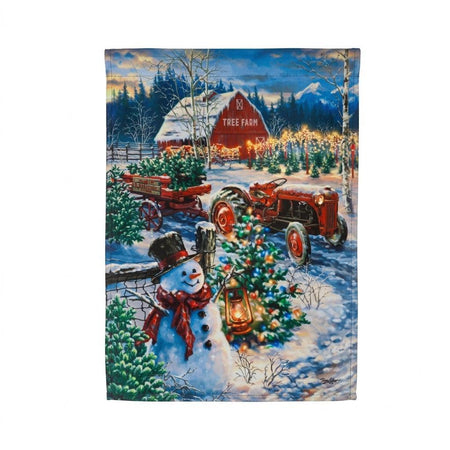 Tree Farm Solar LED Garden Flag Features a red barn, a Snowman, Christmas trees and a red tractor 