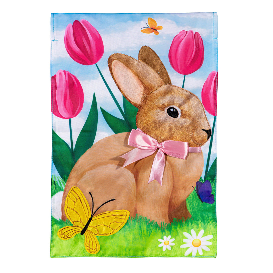 Tulips and Bunny Friend Applique Garden Flag-Garden Flag-Fly Me Flag