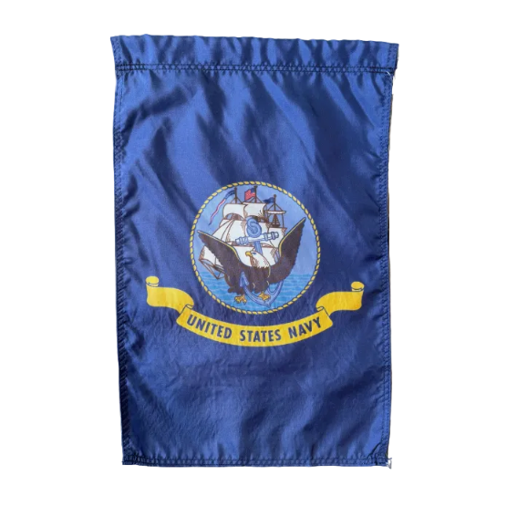 A blue United States Navy flag with the official emblem and a yellow scroll reading "UNITED STATES NAVY"