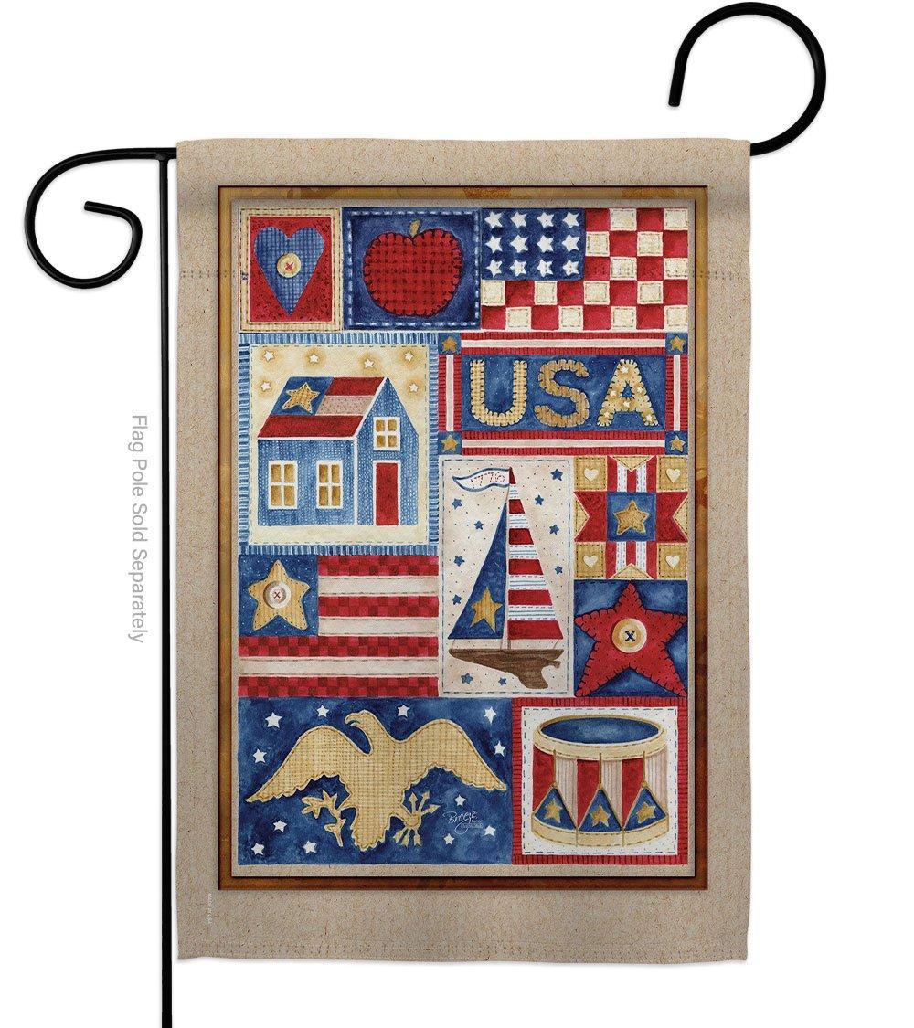 Patriotic garden flag with a quilt-like patchwork appearance