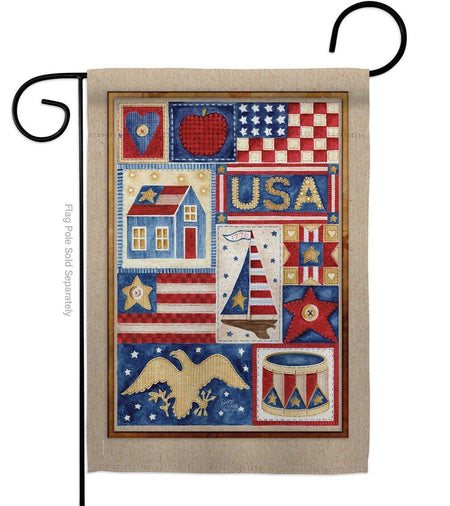 Patriotic garden flag with a quilt-like patchwork appearance