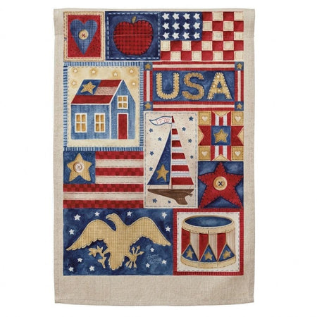 USA Collage Americana Garden Flag Features a patchwork of all things patriotic but more muted reds and blues 