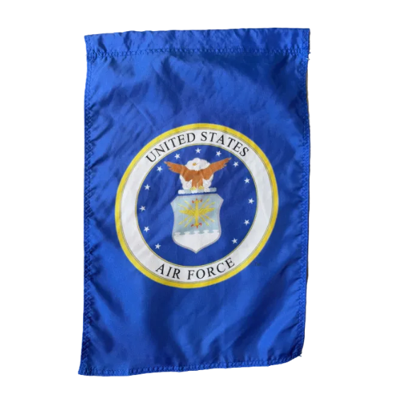 This Garden Flag features a blue background with the air force seal with the words United States Air Force