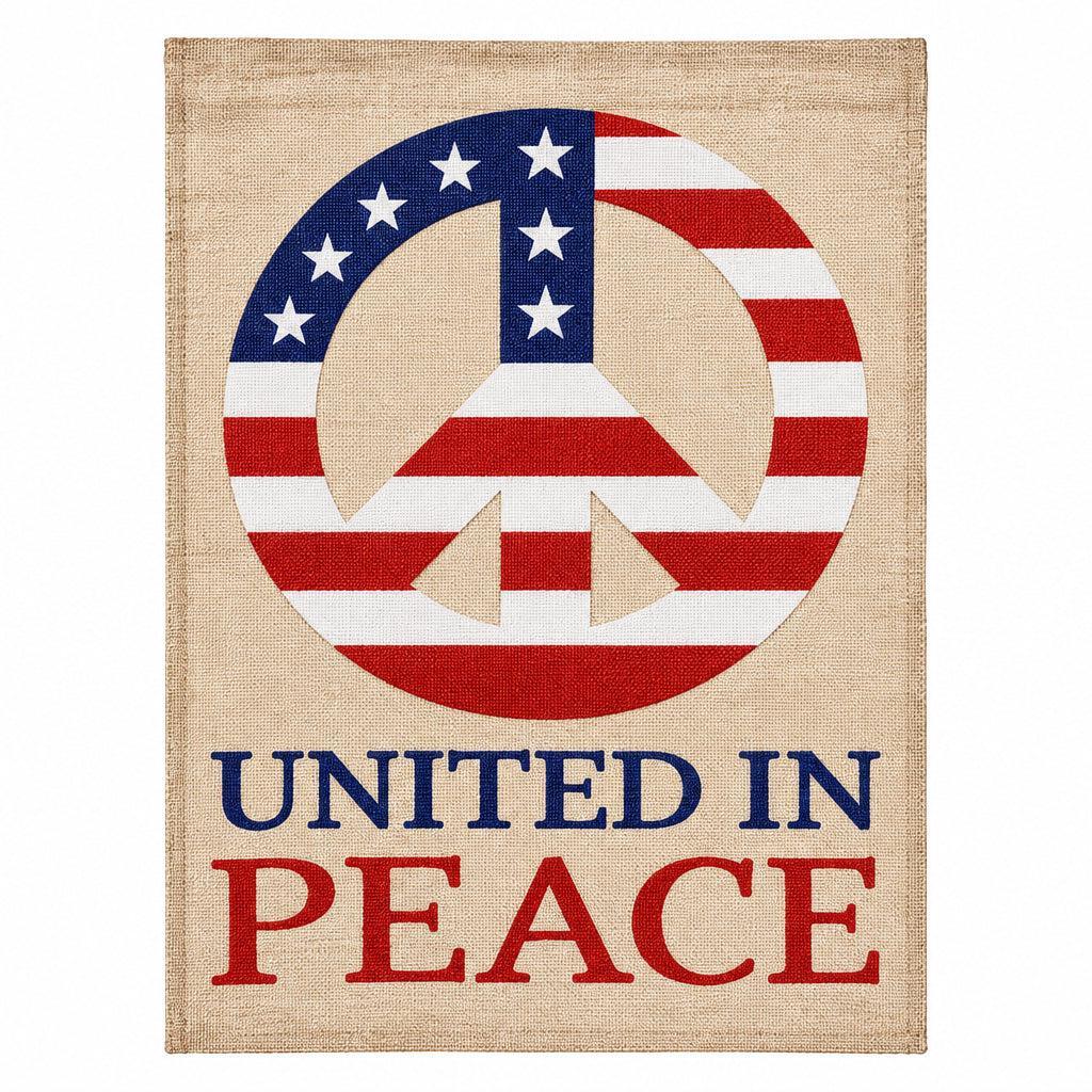 United In Peace Burlap Garden Flag Features a peace sign with the U.S. flag filled in the peace sig and the words "united in peace"