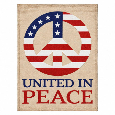 United In Peace Burlap Garden Flag Features a peace sign with the U.S. flag filled in the peace sig and the words "united in peace"