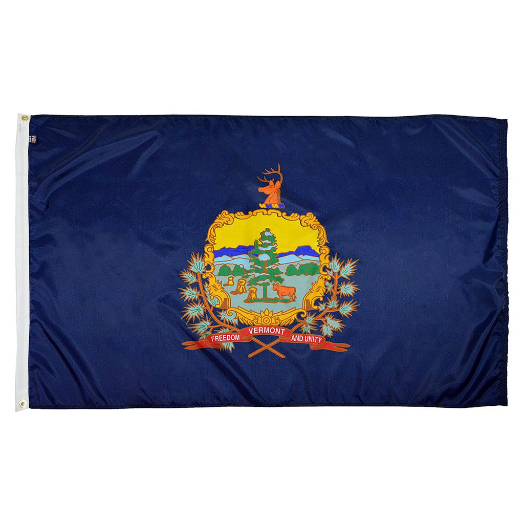 Long-lasting outdoor State of Vermont Flags are available in 1x1.5, 2x3, 3x5, 4x6, 5x8, 6x10, 8x12, 10x15, and 12x18 sizes