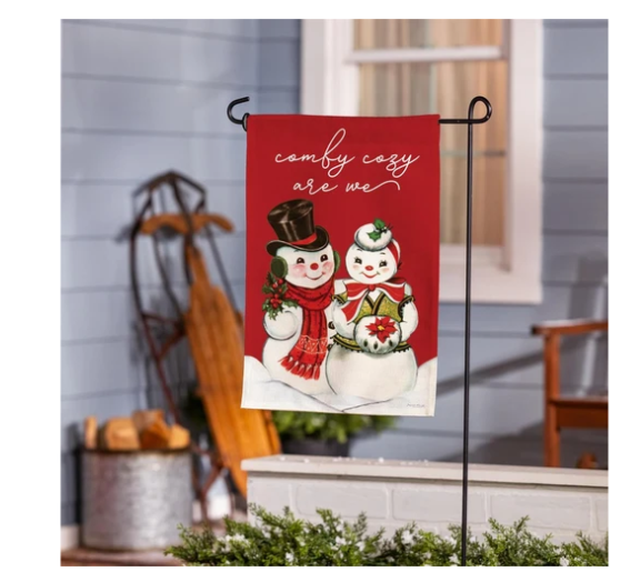 Vintage Snow Sweethearts Garden Flag shown on garden flag stand outdoors