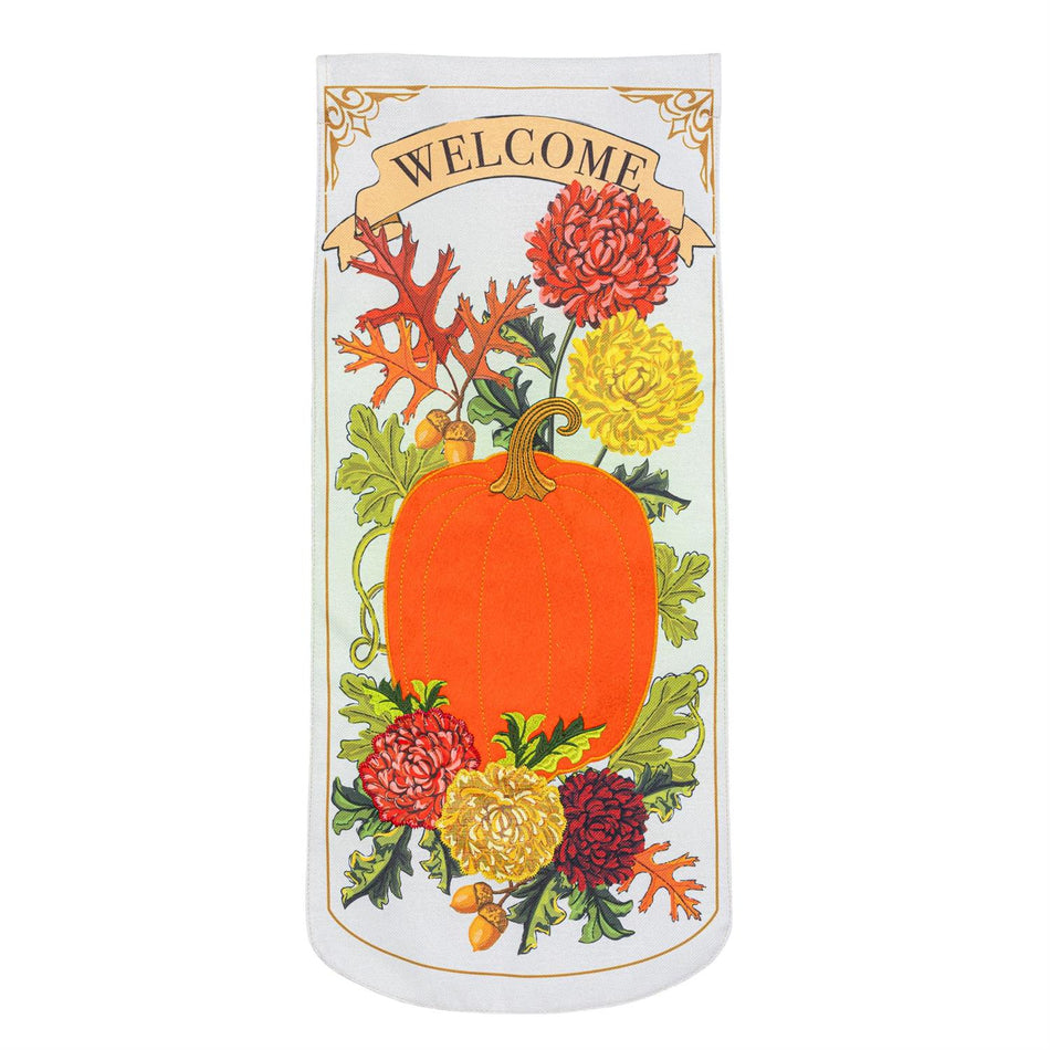 Vintage Welcome Autumn Textile Door Decor Features an Applique Pumpkin with Some Fall Florals and the Word Welcome 
