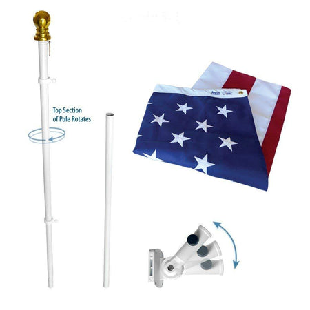 Wall-Mount Flagpole Set includes American flag, rotating pole, and adjustable wall-mount cast aluminum bracket