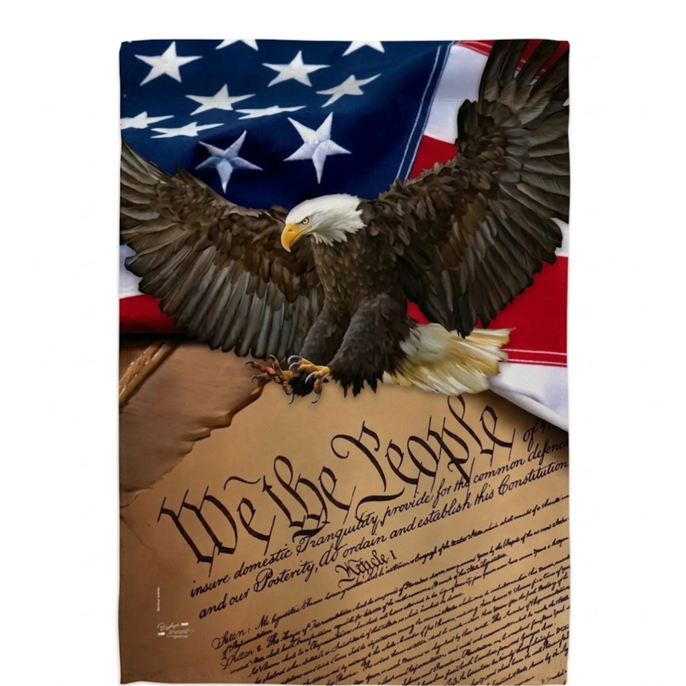 We The People Garden Flag Features an Eagle with a American flag in the back with part of the declaration of independence on the bottom