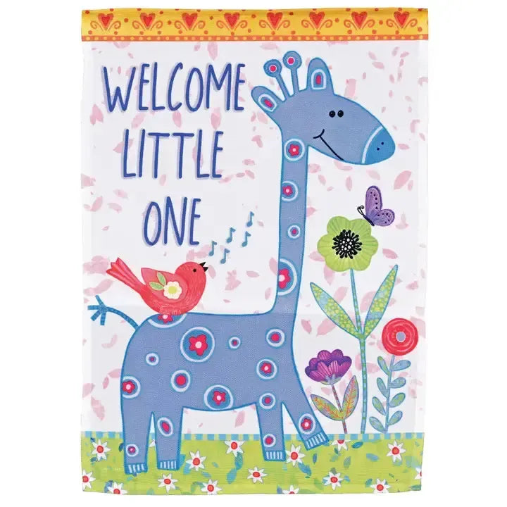 Welcome Little One Features an adorable Blue Giraffe with the Words Welcome Little One 