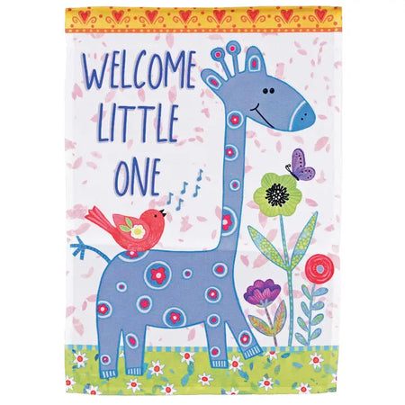 Welcome Little One Features an adorable Blue Giraffe with the Words Welcome Little One 