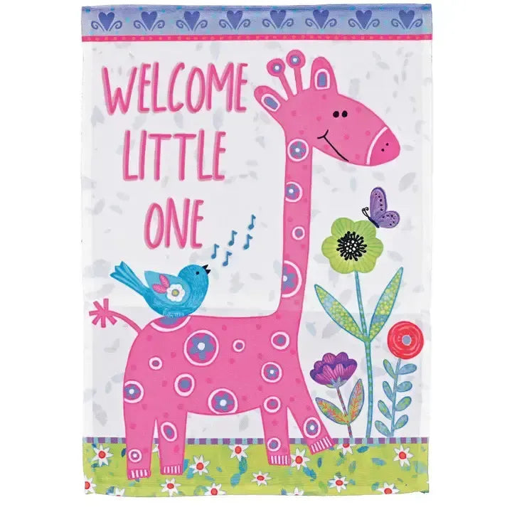 Welcome Little One Pink Giraffe Features a Cute Pink Giraffe with the Words Welcome Little One in Pink