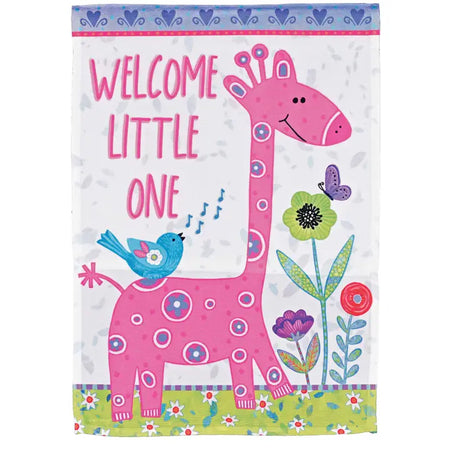 Welcome Little One Pink Giraffe Features a Cute Pink Giraffe with the Words Welcome Little One in Pink