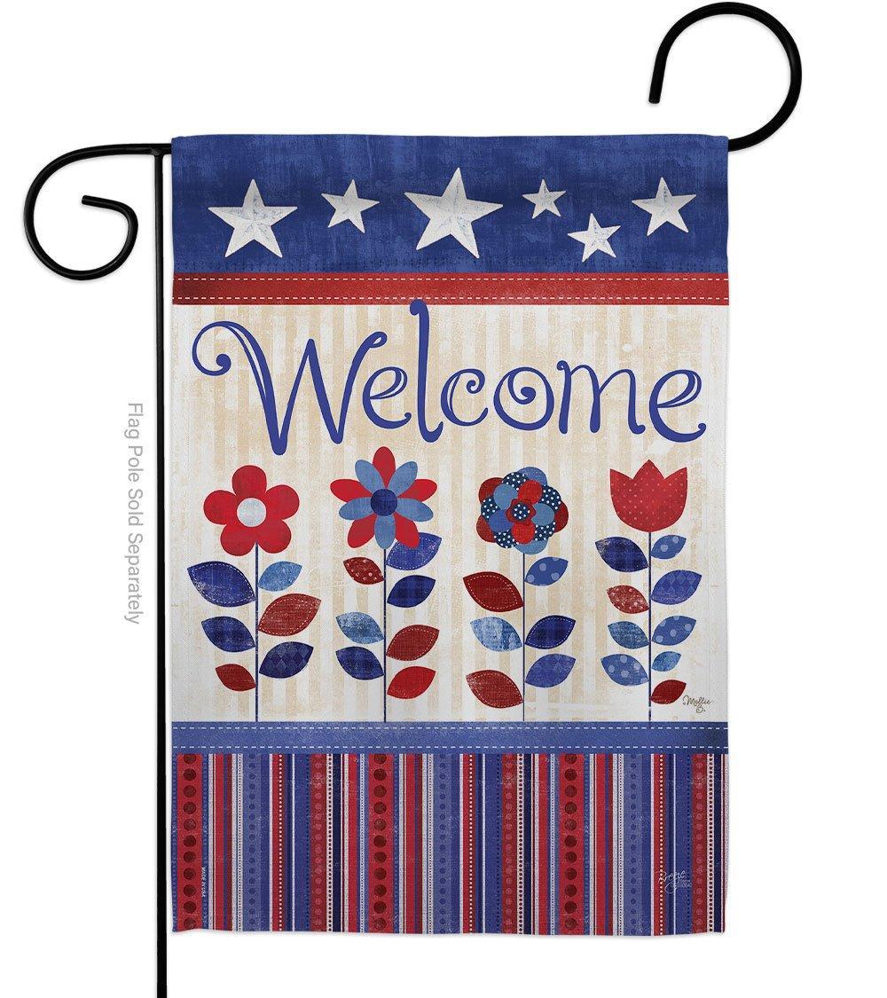 Patriotic floral garden flag with stars, stripes and a welcome message