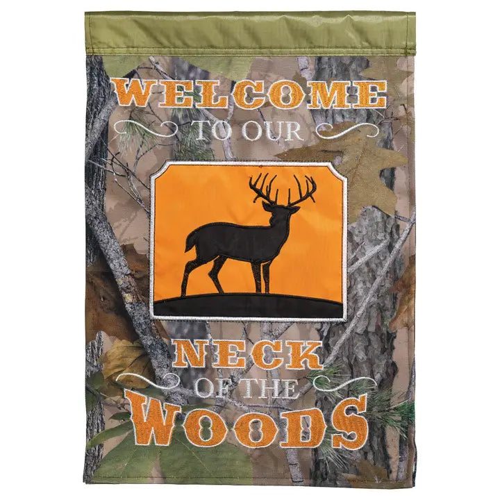 Welcome to Our Neck Of The Woods House Banner Features a Buck with a Camouflage Background 