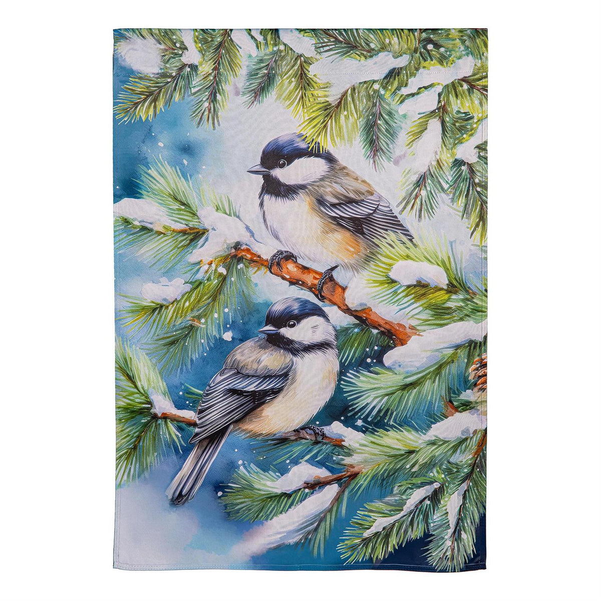 Winter Chickadee Friends Garden Flag Features Two Chickadees Surrounded by Pine Tree Branches