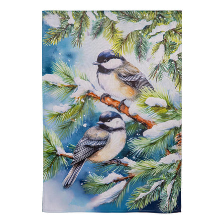 Winter Chickadee Friends Garden Flag Features Two Chickadees Surrounded by Pine Tree Branches