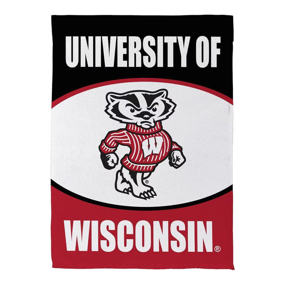 this garden flag features bucky badger with the words University Of Wisconsin