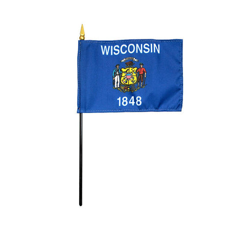 4" x 6" Wisconsin stick flag with sewn edges, available individually or by the dozen