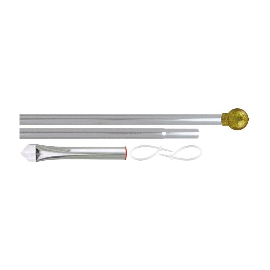 Lawn-Mate flagpole includes two-piece pole, vinyl ball, lawn socket, and zip ties