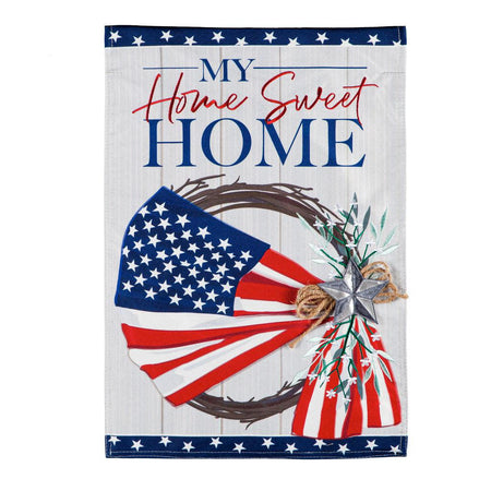 The American Flag Wreath house banner features a flag secured with a star over a grapevine wreath and the words "My Home Sweet Home". 