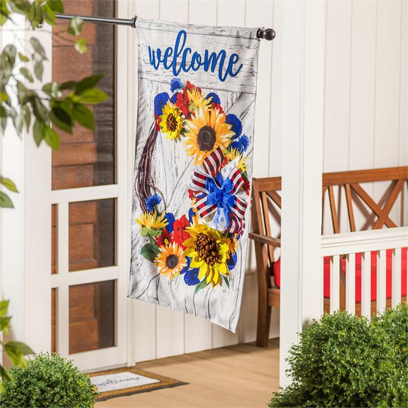 Americana Floral Wreath House Banner with sunflowers