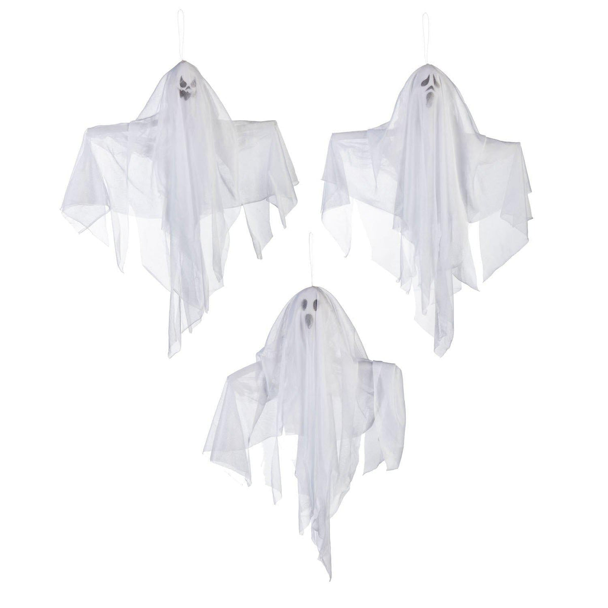 Add a little spookiness to your Halloween decorations with this trio of hanging ghosts. Each ghost features a different expression and can be hung by the attached string so they appear to float through the air.