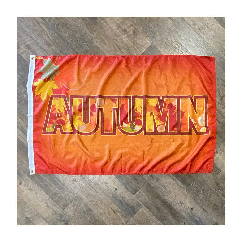 Welcome the Fall season with this 3' x 5' Flag, featuring colorful leaves and the word "Autumn" on a bright orange shaded background.
