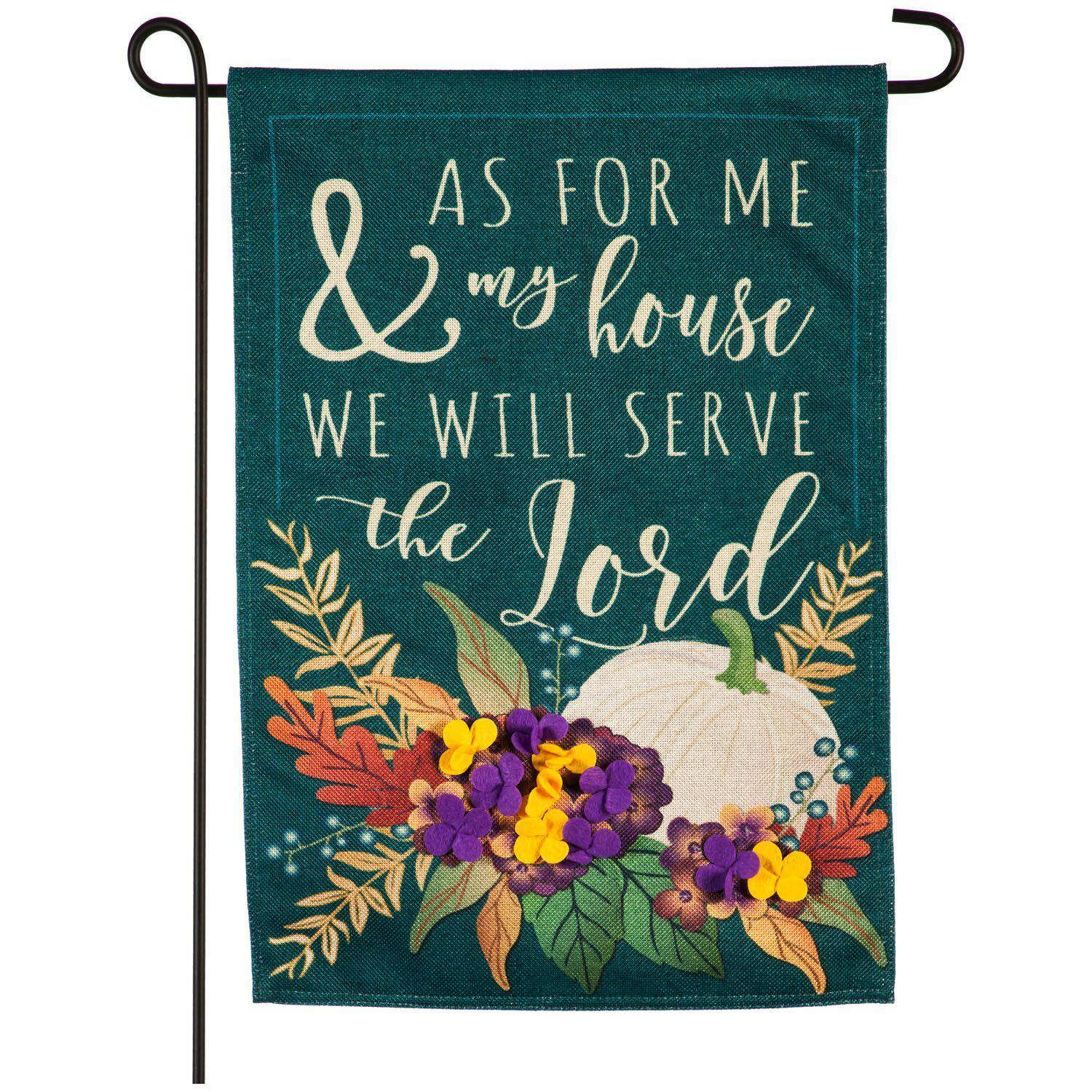 The Autumn As For Me and My House garden flag features a white pumpkin nestled among fall leaves and flowers and the words "As For Me and My House We Will Serve the Lord".