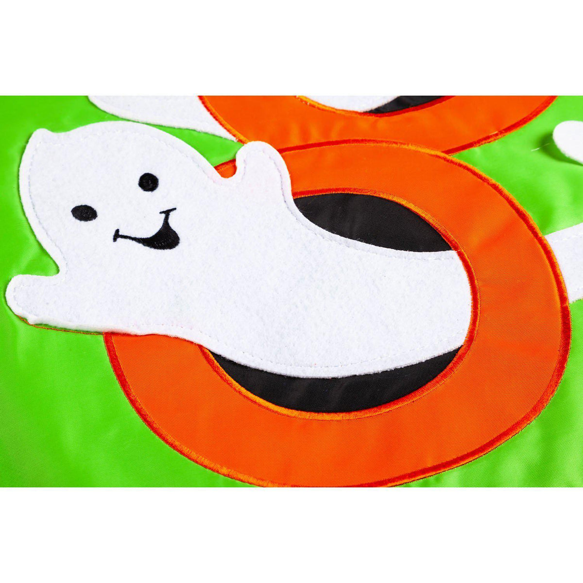 The BOO Ghosts garden flag features two cute ghosts popping through the O's of the word "BOO". 