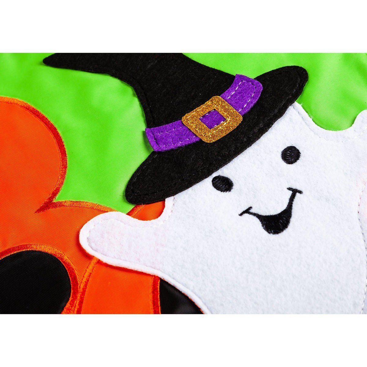 The BOO Ghosts garden flag features two cute ghosts popping through the O's of the word "BOO". 