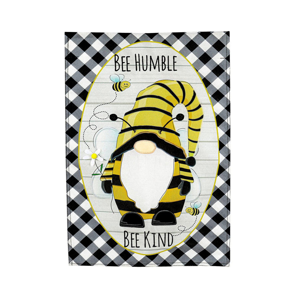 The Bee Humble Bee Kind Gnome garden flag features a gnome in a bee costume, a black checked border, and the words "Bee Humble Bee Kind".