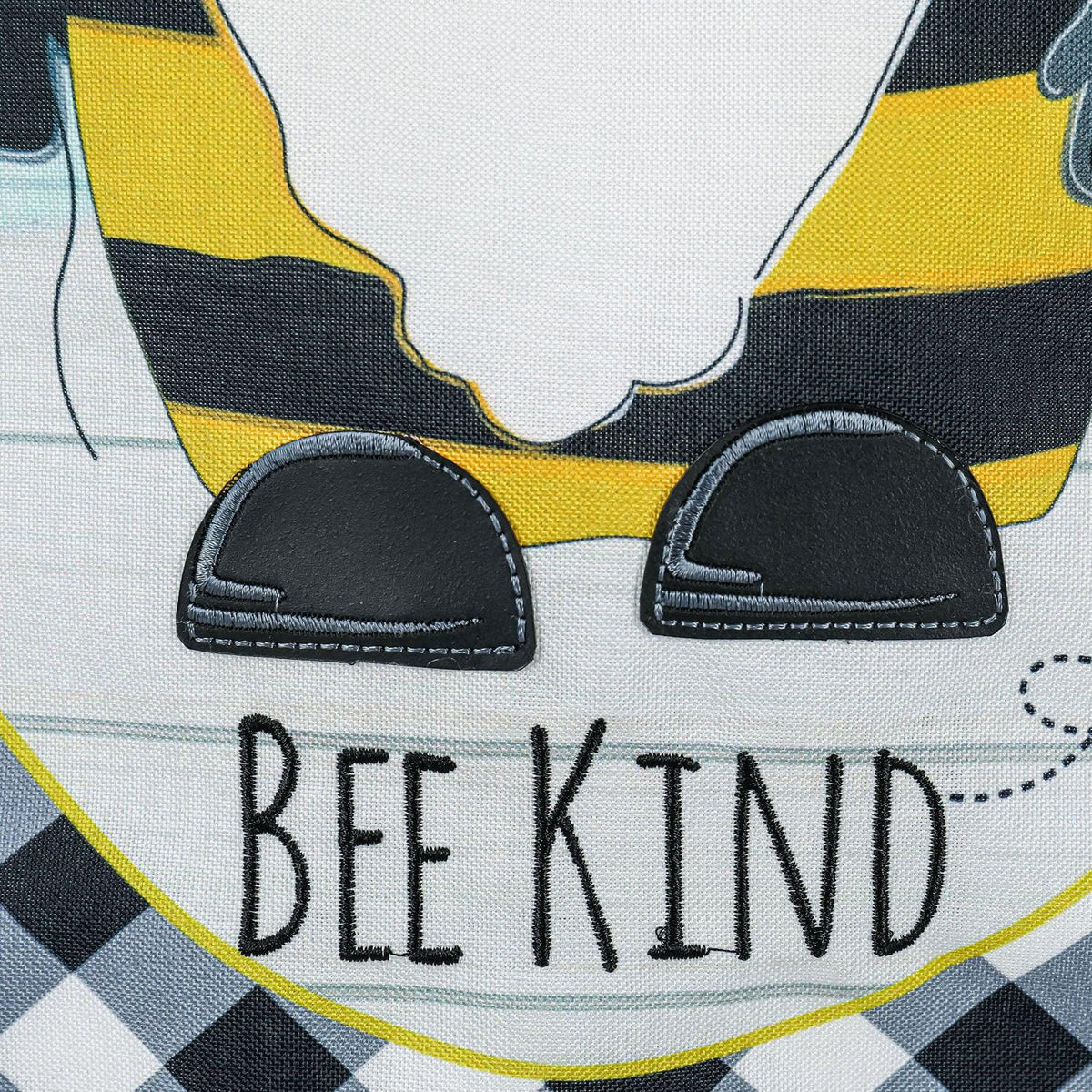 The Bee Humble Bee Kind Gnome house banner features a gnome in a bee costume, a black checked border, and the words "Bee Humble Bee Kind". 