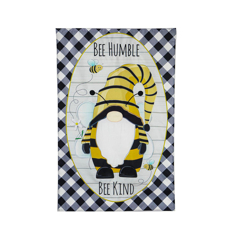 The Bee Humble Bee Kind Gnome house banner features a gnome in a bee costume, a black checked border, and the words "Bee Humble Bee Kind". 
