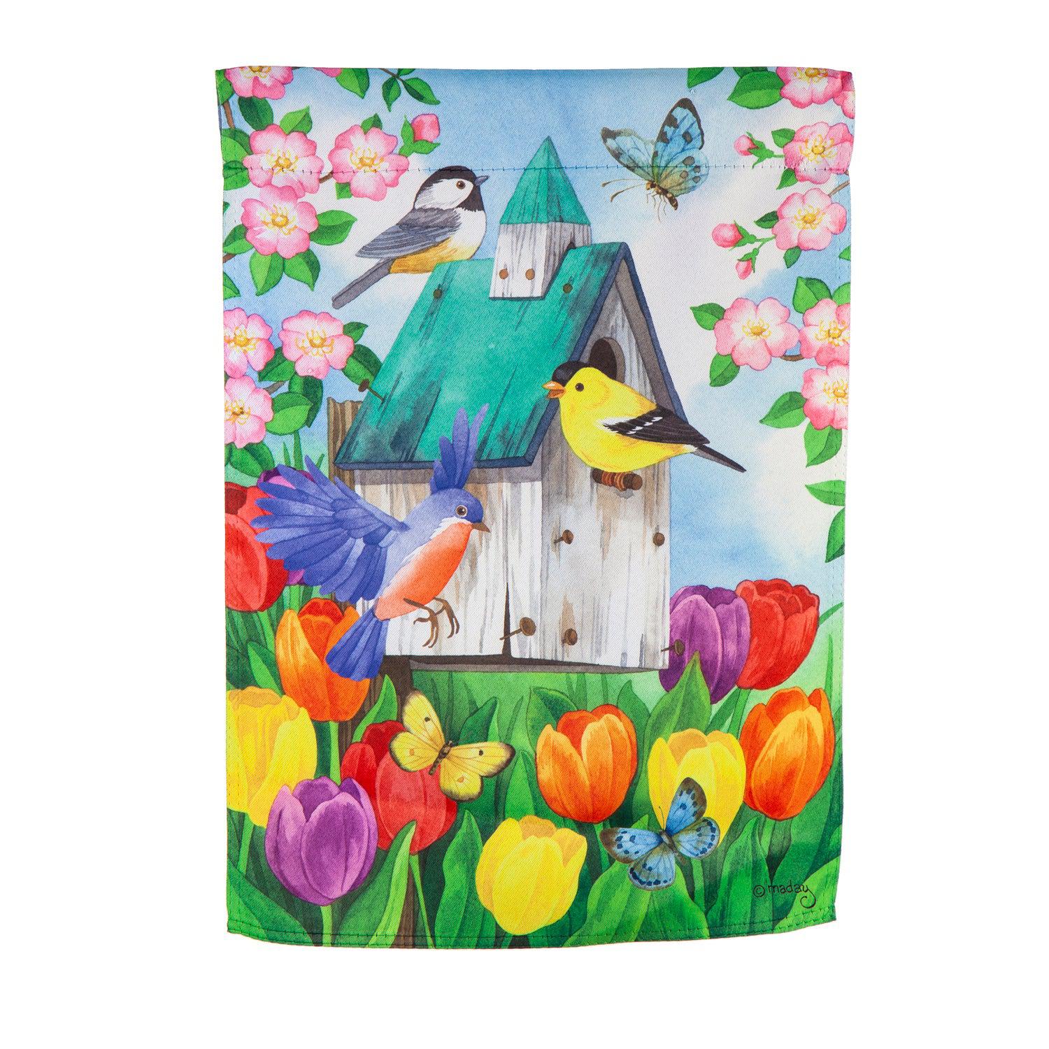 Birdhouse Blooms Garden Flag