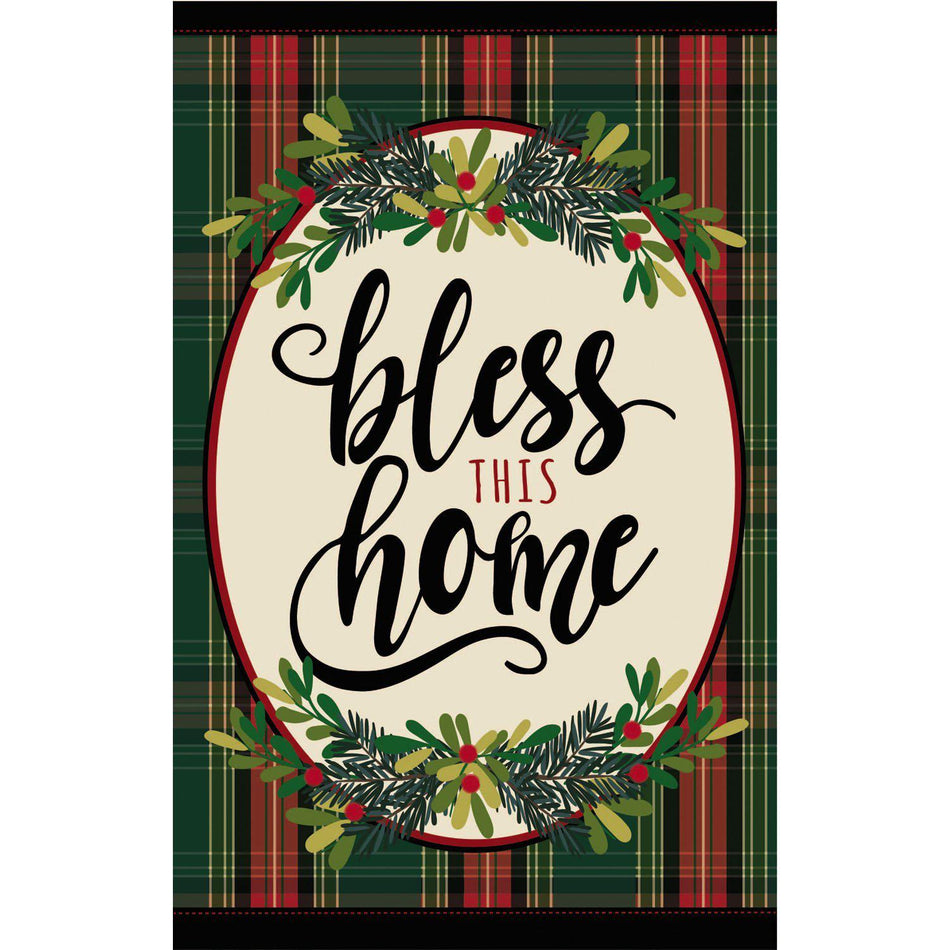 The Bless This Home Plaid garden flag features a green and red plaid background and the words "Bless This Home" framed by greenery and berries. 
