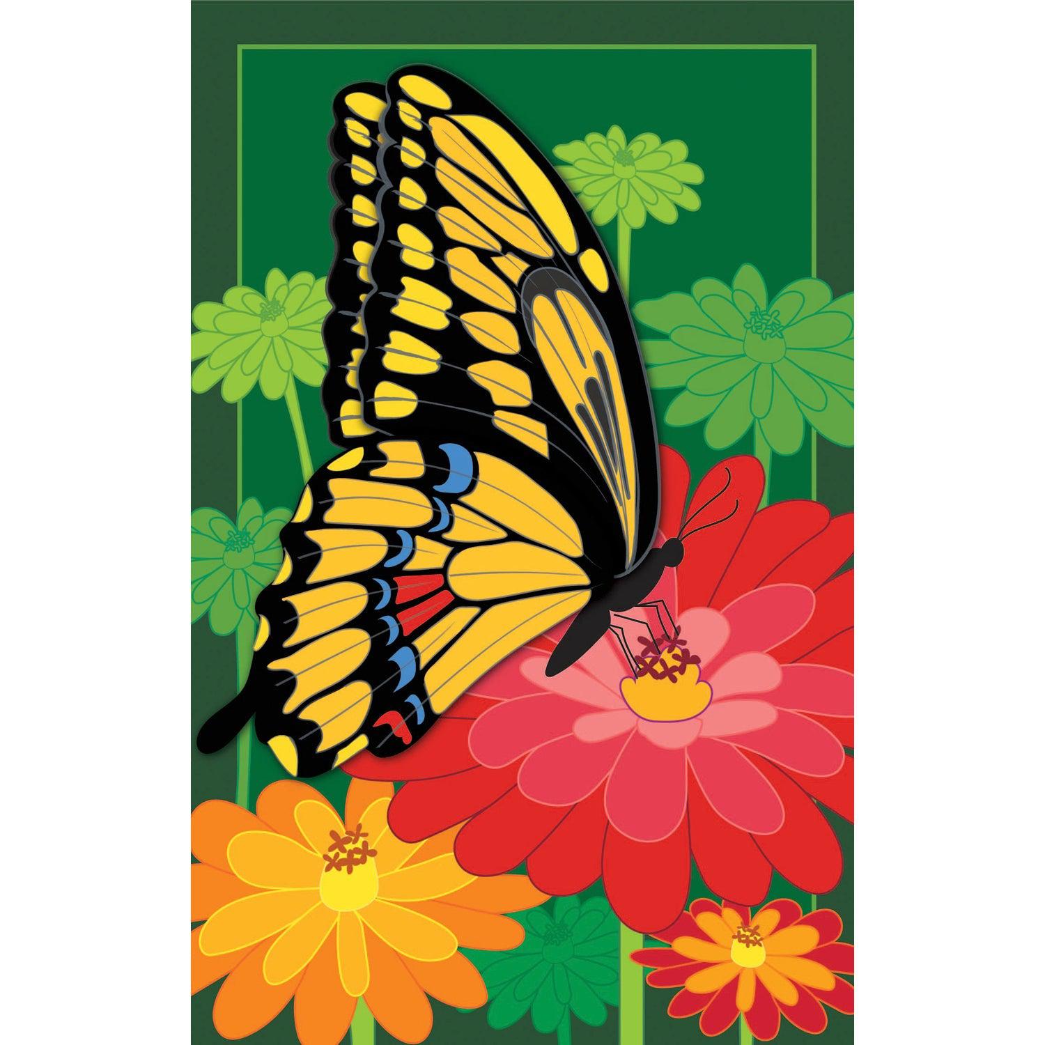 The Blossoms and Butterfly garden flag features a yellow and black butterfly among yellow and red flowers over a green background. 