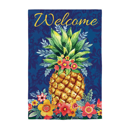 The Boho Pineapple garden flag features a pineapple surrounded by flowers and the word "Welcome" across the top. 