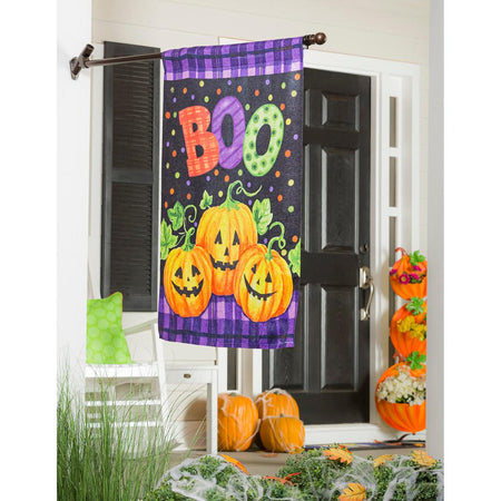 The Boo Jack-O-Lanterns house banner features a trio of smiling jack-o-lanterns over a purple and black checked and dotted background, and the word "BOO". 